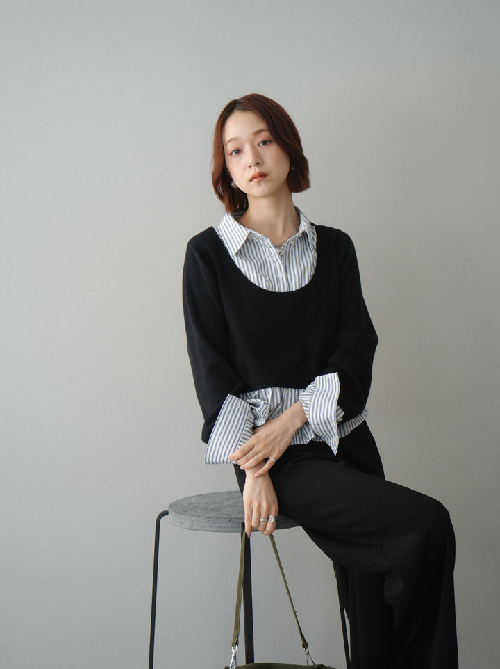 [SET]ストライプシャツUネックドッキングニットプルオーバー+イージーポンチワイドパンツ(2set)