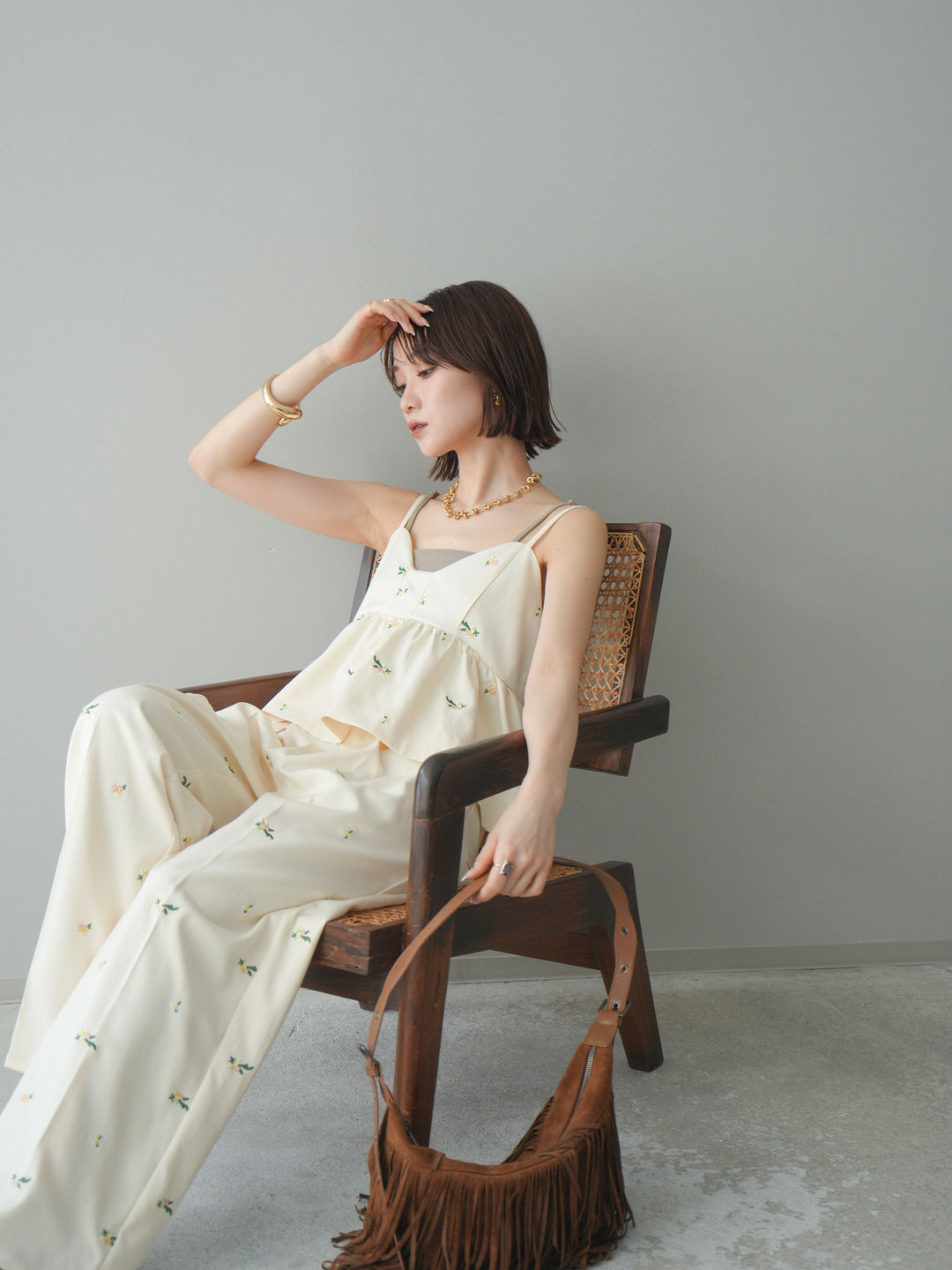 [SET]フラワー刺繍ビスチェ+フラワー刺繍タックパンツ(2set)