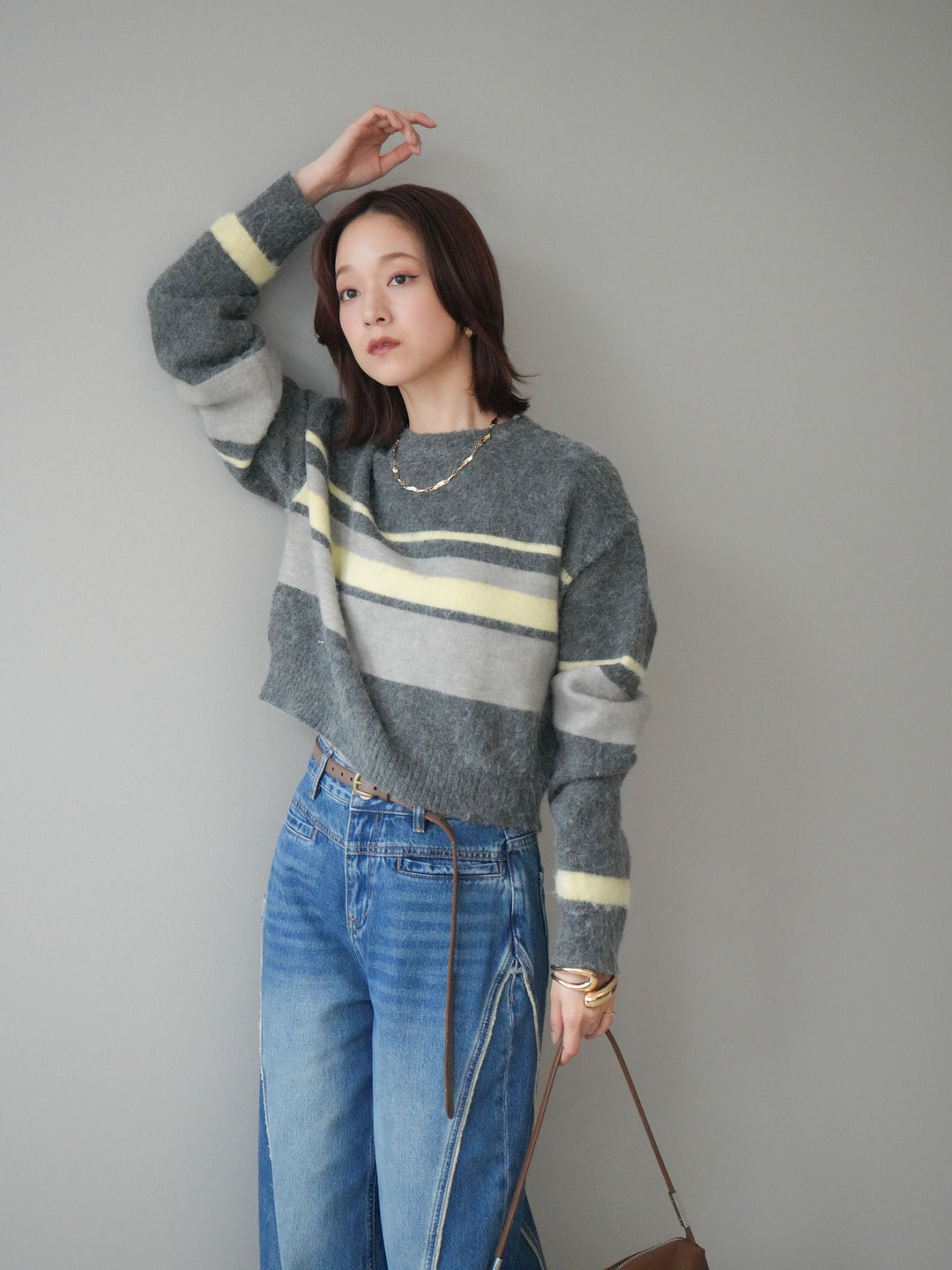 [SET]ソフトタッチボーダークロップドニットプルオーバー+サイドフリンジワイドデニムパンツ(2set)