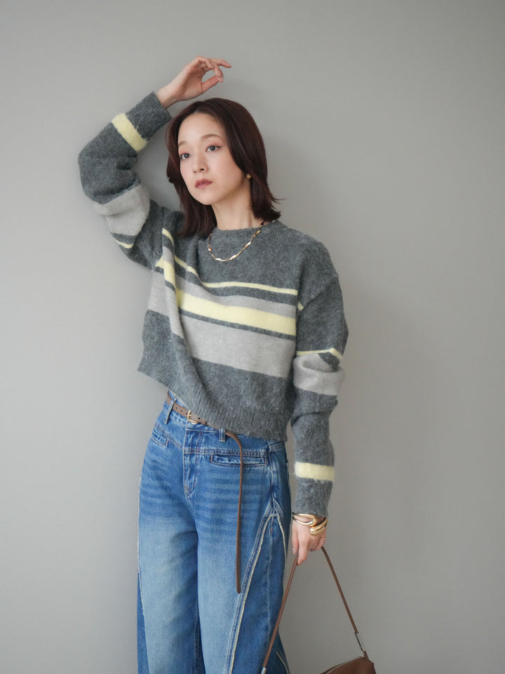 [SET]ソフトタッチボーダークロップドニットプルオーバー+サイドフリンジワイドデニムパンツ(2set)