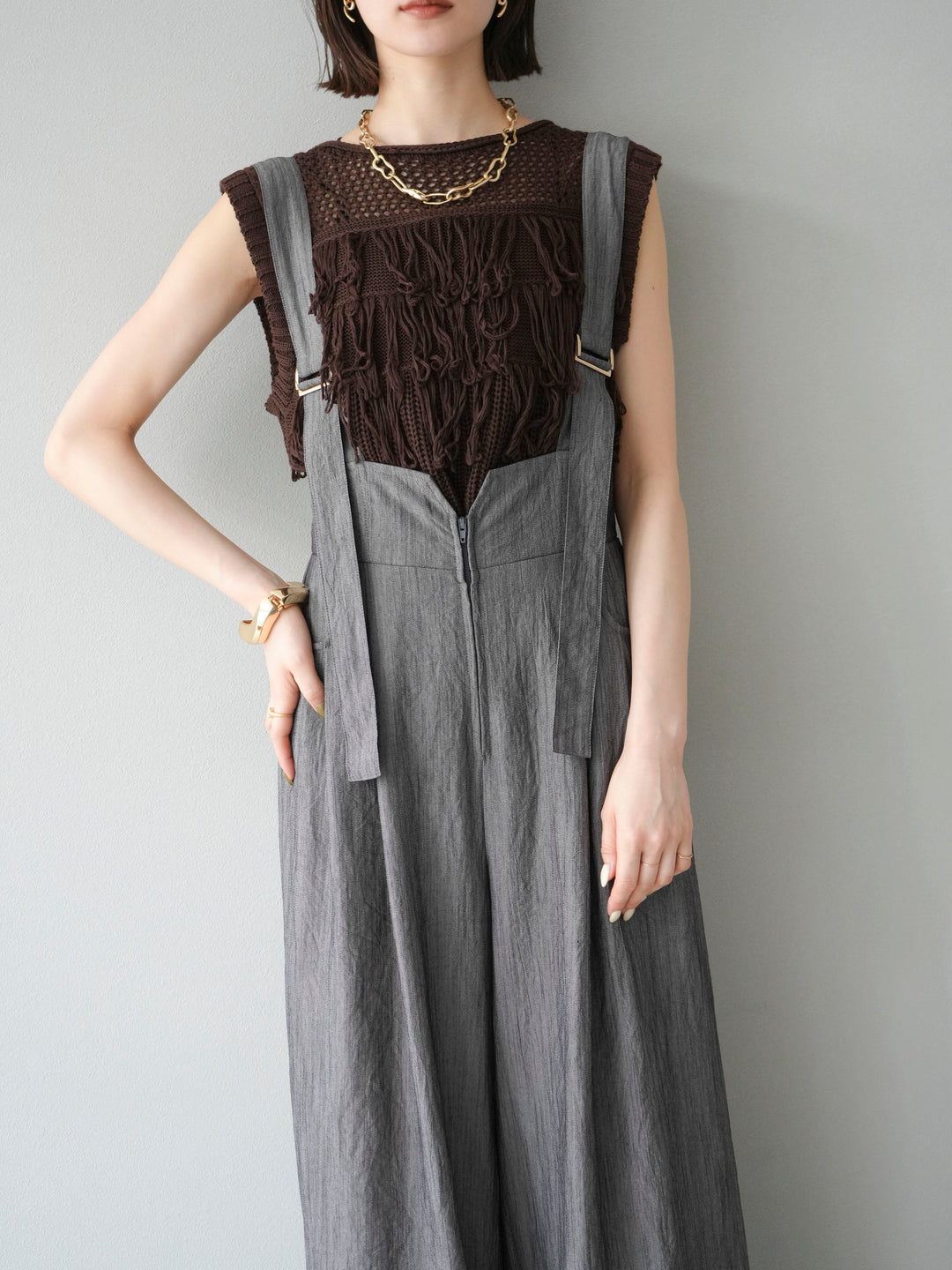 [予約]ストリングデザインハイウエストサロペット/チャコール