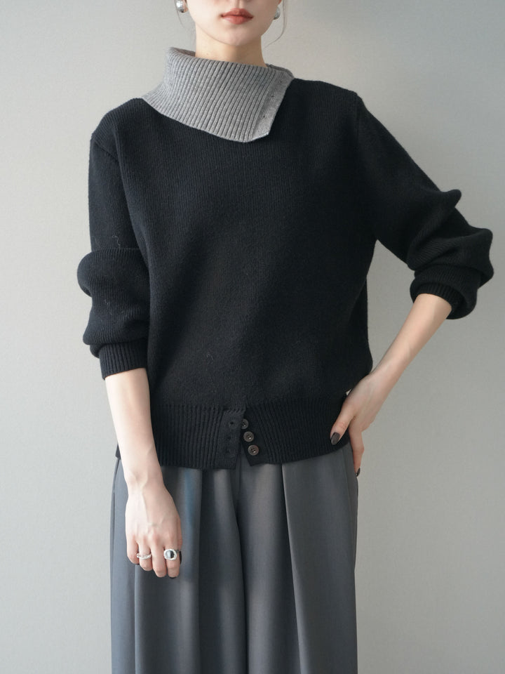 [予約]デザインネックバイカラーニットプルオーバー/black