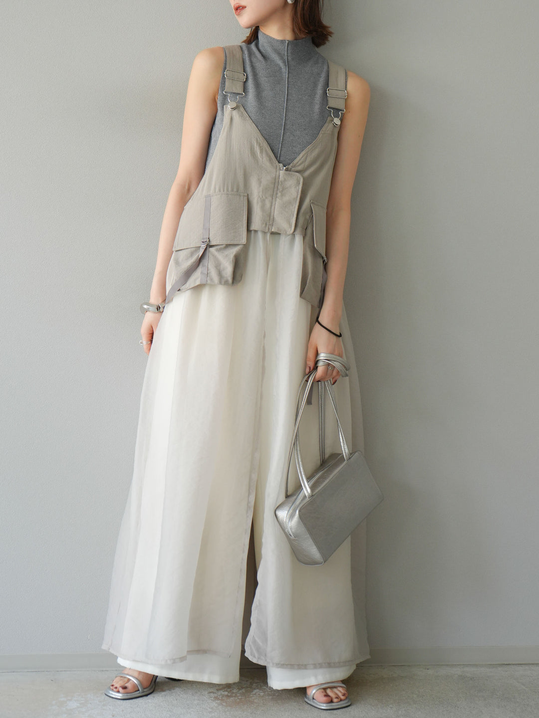 [予約]タクティカルベストオーガンザワンピース/グレージュ