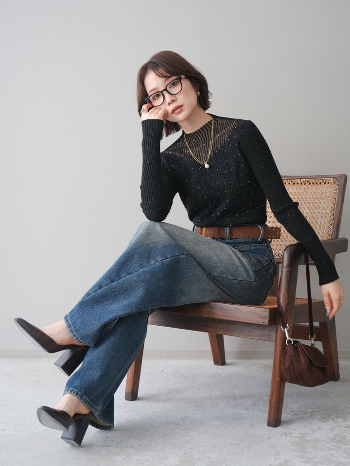 [予約]シアー切替スパンコールリブニットトップス/black