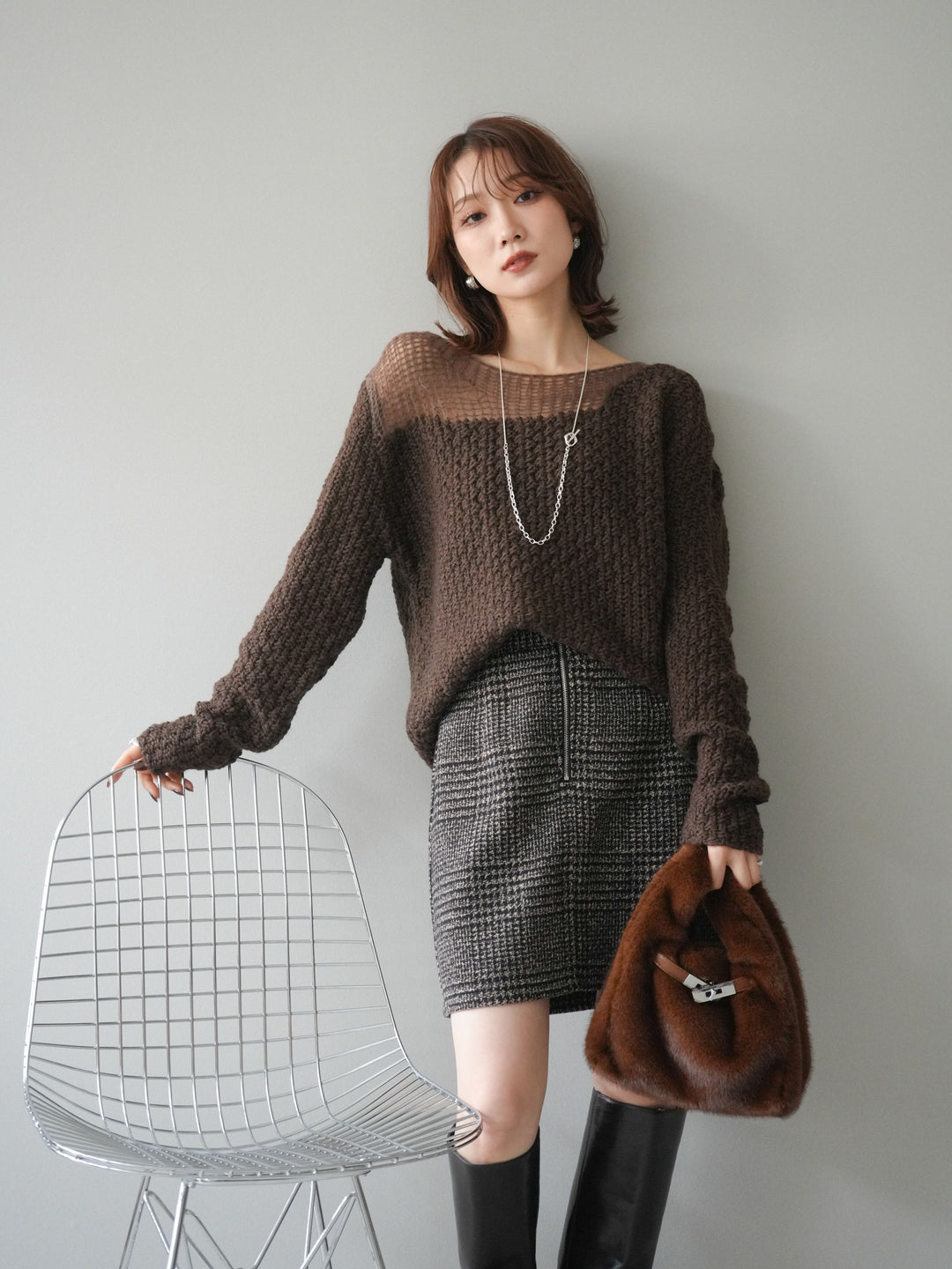 [予約]ダメージデザインニットプルオーバー/brown