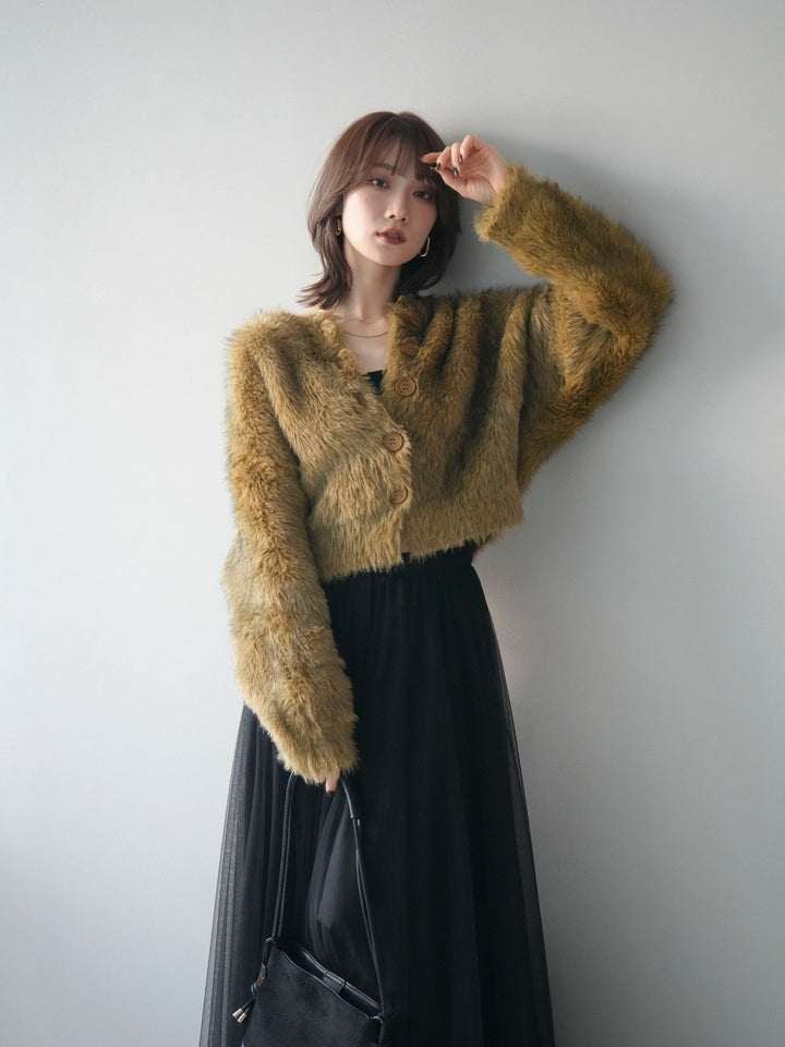 [予約]ミックスシャギーショートニットカーディガン/green