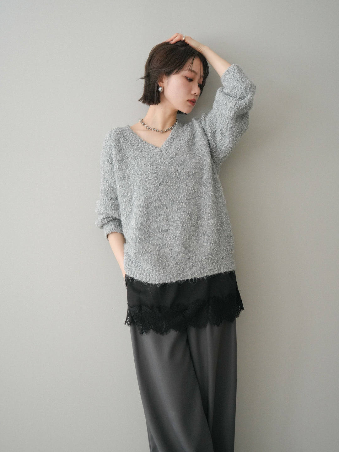 [SET]Vネックスラブニットプルオーバー+選べるアクセセット(2set)