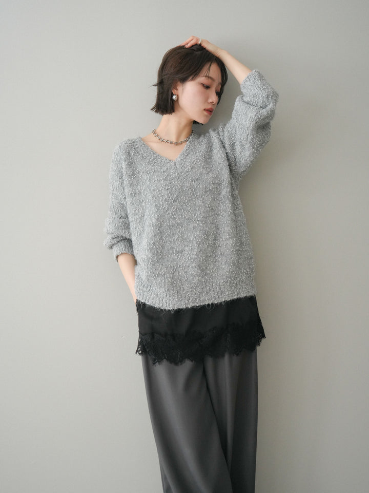 [SET]Vネックスラブニットプルオーバー+選べるアクセセット(2set)