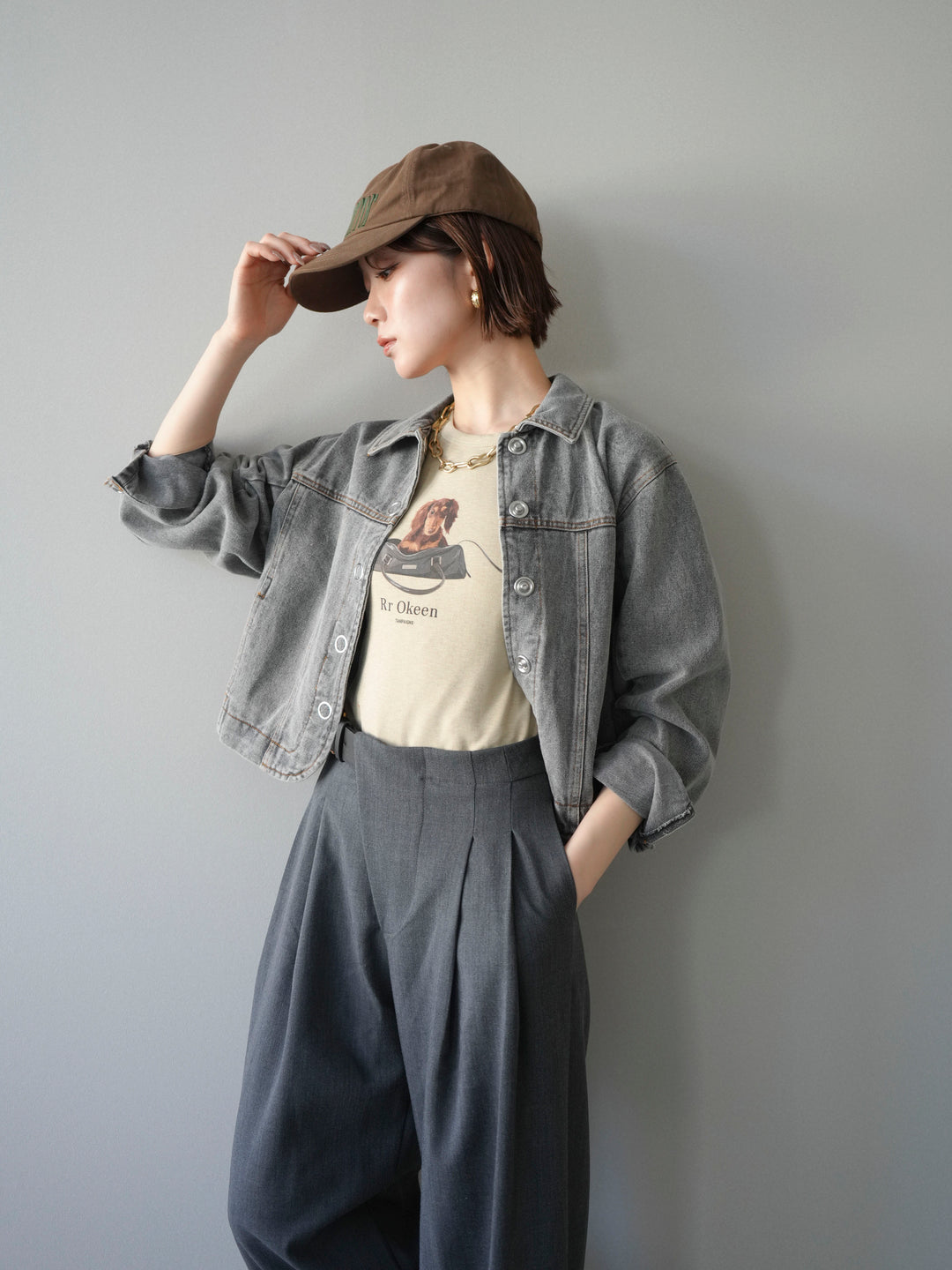 [SET]ラウンドカットコンパクトデニムジャケット+ドッグコンパクトTEE(2set)