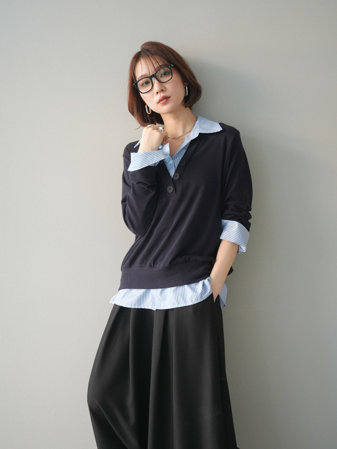 [予約]シャツレイヤードデザインカットプルオーバー/navy