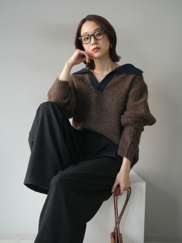 [SET]バイカラー襟付きニットプルオーバー+ベルトループデザインワイドパンツ(2set)