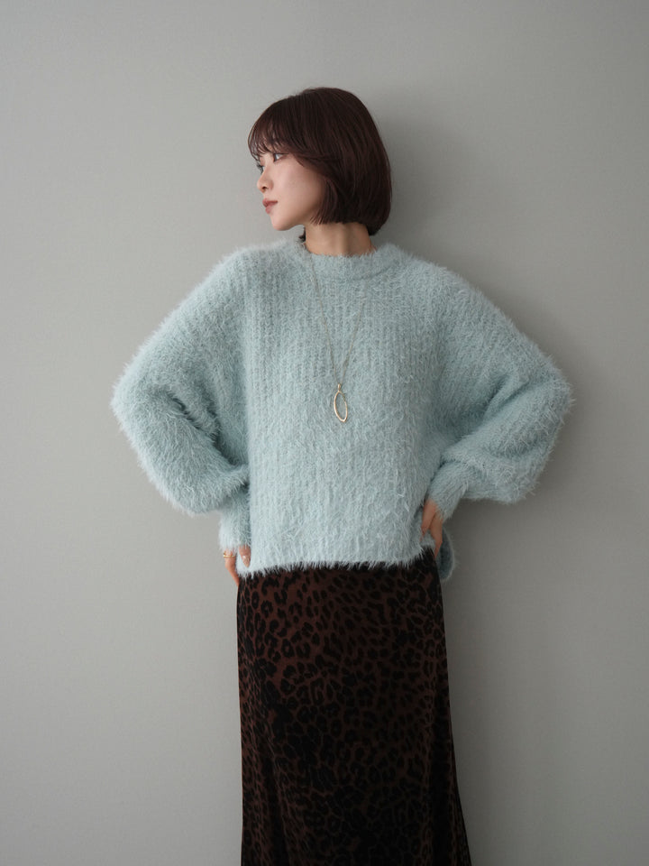 [SET]ボリュームスリーブシャギー MIXニットプルオーバー+レオパードベロアナロースカート(2set)