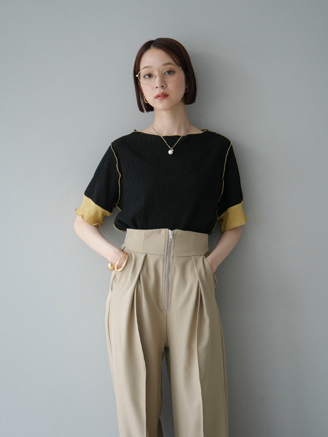 [SET] 百褶同色船領套頭衫 + 拉鍊褶襉寬褲 (2 套)