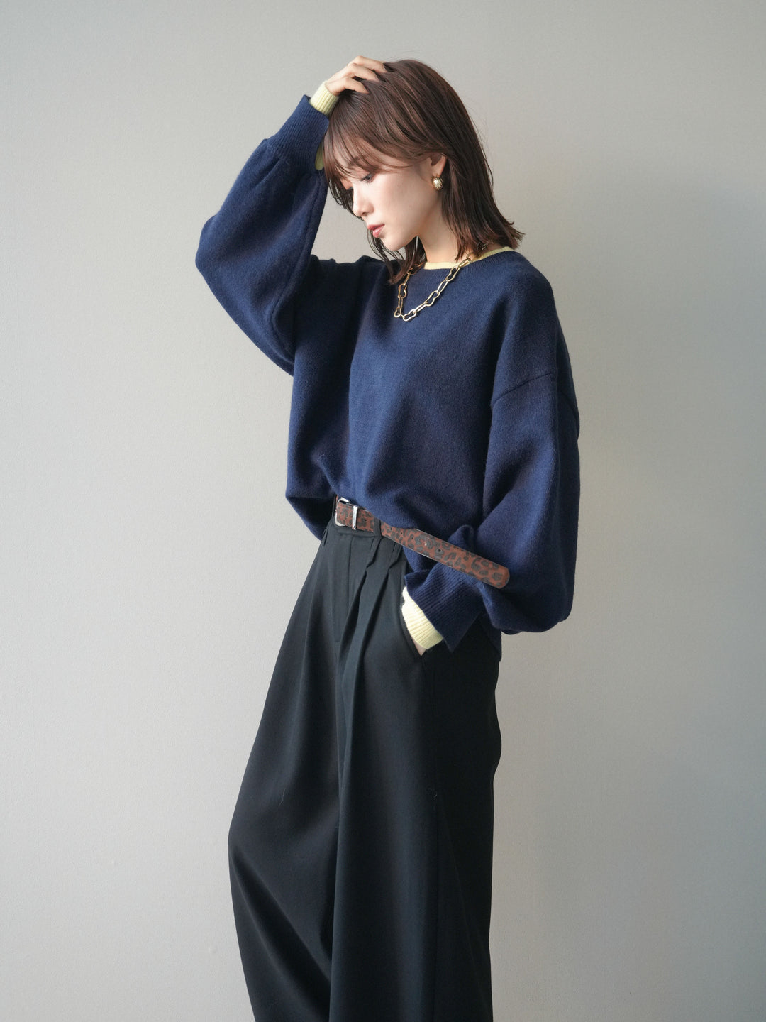 [予約]ヘンリーネック配色レイヤードニットプルオーバー/navy