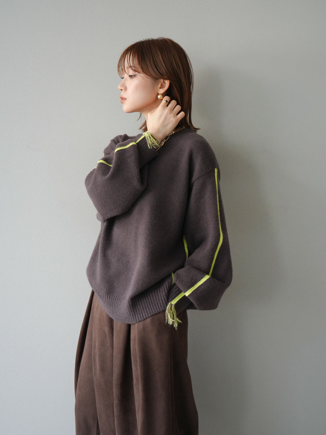 [SET]配色ステッチフリンジニットプルオーバー +スウェードタックワイドパンツ(2set)