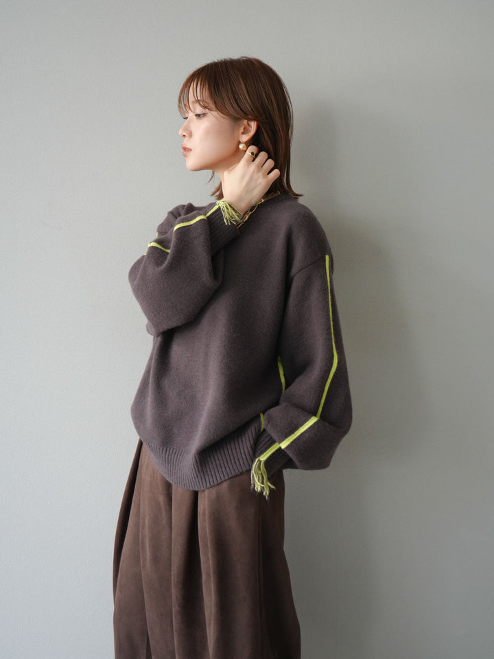 [SET]配色ステッチフリンジニットプルオーバー +スウェードタックワイドパンツ(2set)