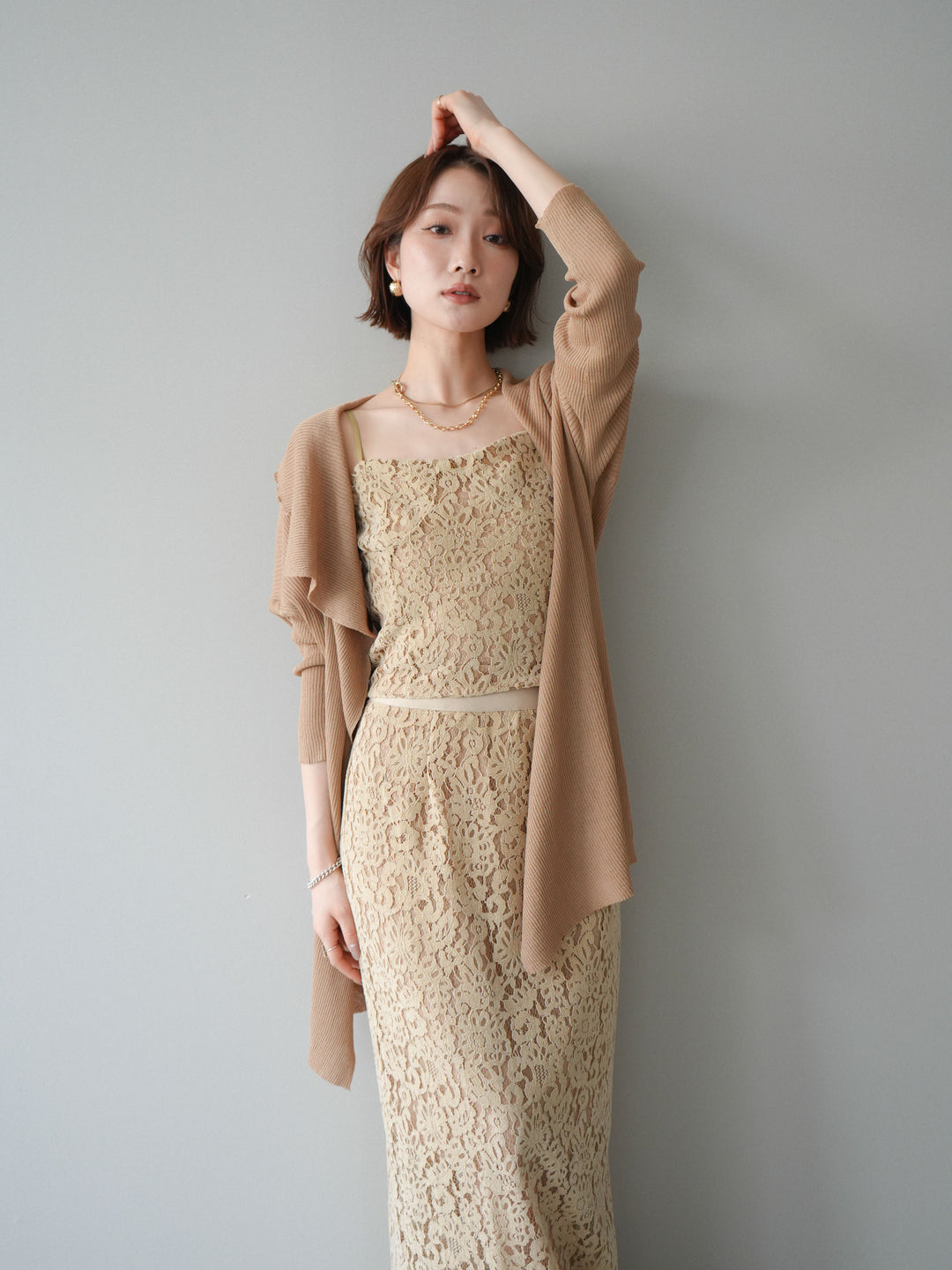 [SET]ドレープリブニットガウン+フルレースキャミ＆IラインスカートSET UP(2set)