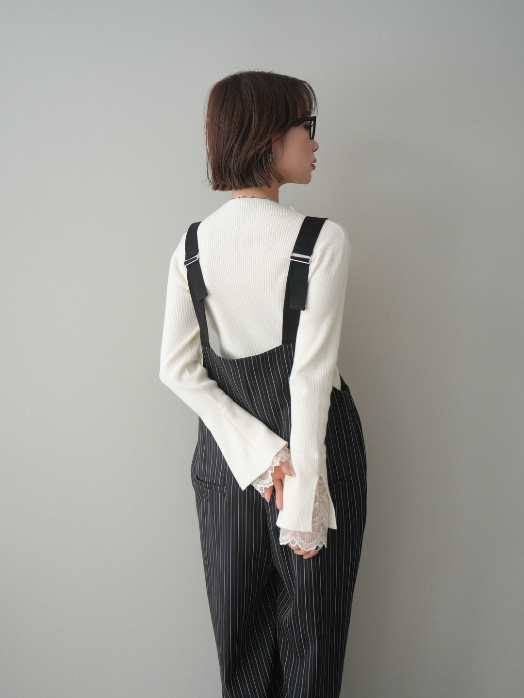 [SET]袖スカラップレースオフネックニットトップス+グログランテープストライプサロペット(2set)