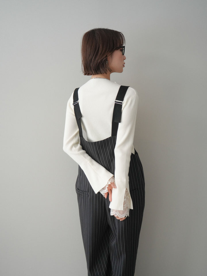 [SET]袖スカラップレースオフネックニットトップス+グログランテープストライプサロペット(2set)