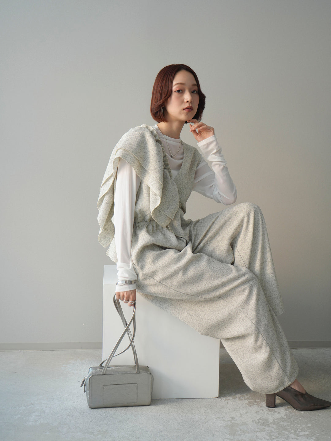 [SET]3WAYミックスツイードギャザーオールインワン+シアープチネックストレッチトップス(2set)