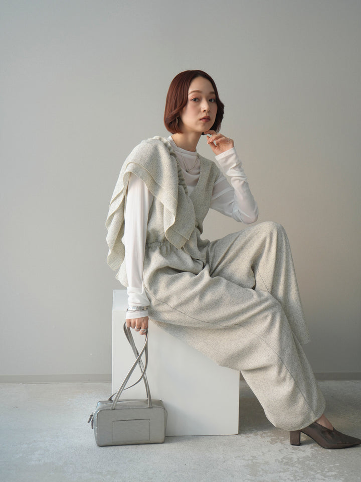 [SET]3WAYミックスツイードギャザーオールインワン+シアープチネックストレッチトップス(2set)