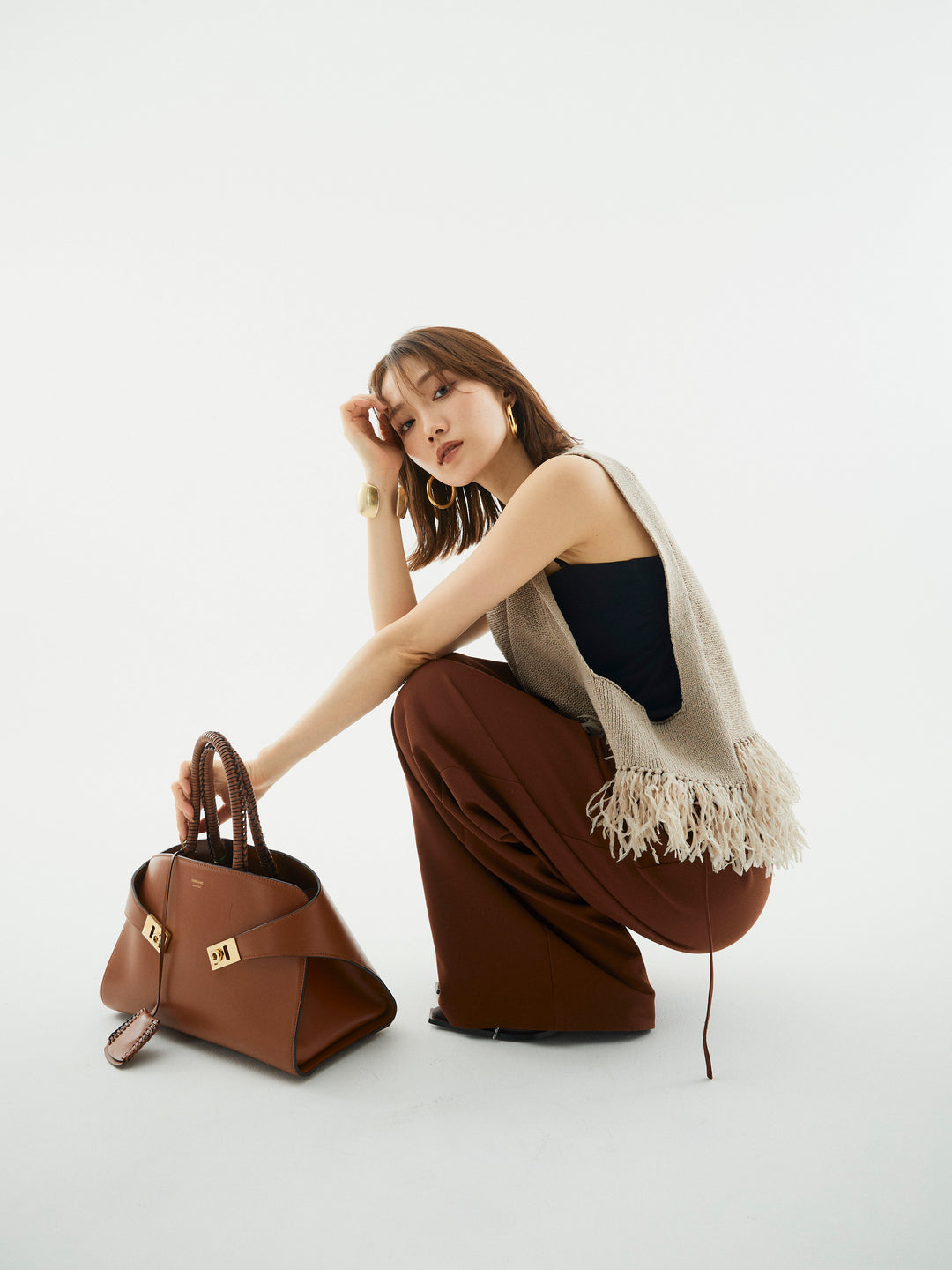 【Allure】[SET]フェザーヤーンニットベスト+ラップデザインタックワイドパンツ(2set)