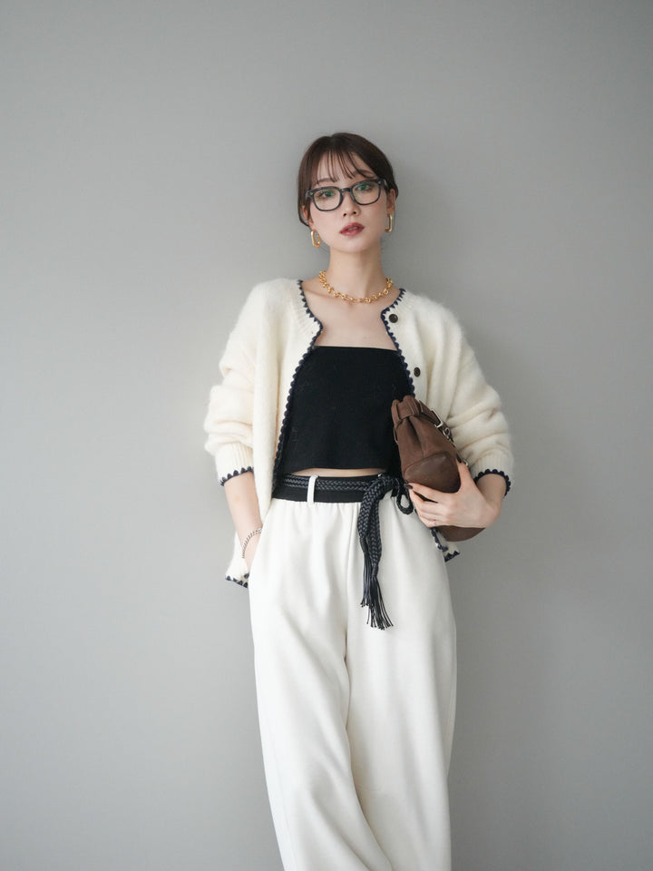 [SET]三角ステッチニットカーディガン+編み込みベルト付きウエスト配色スエットパンツ(2set)