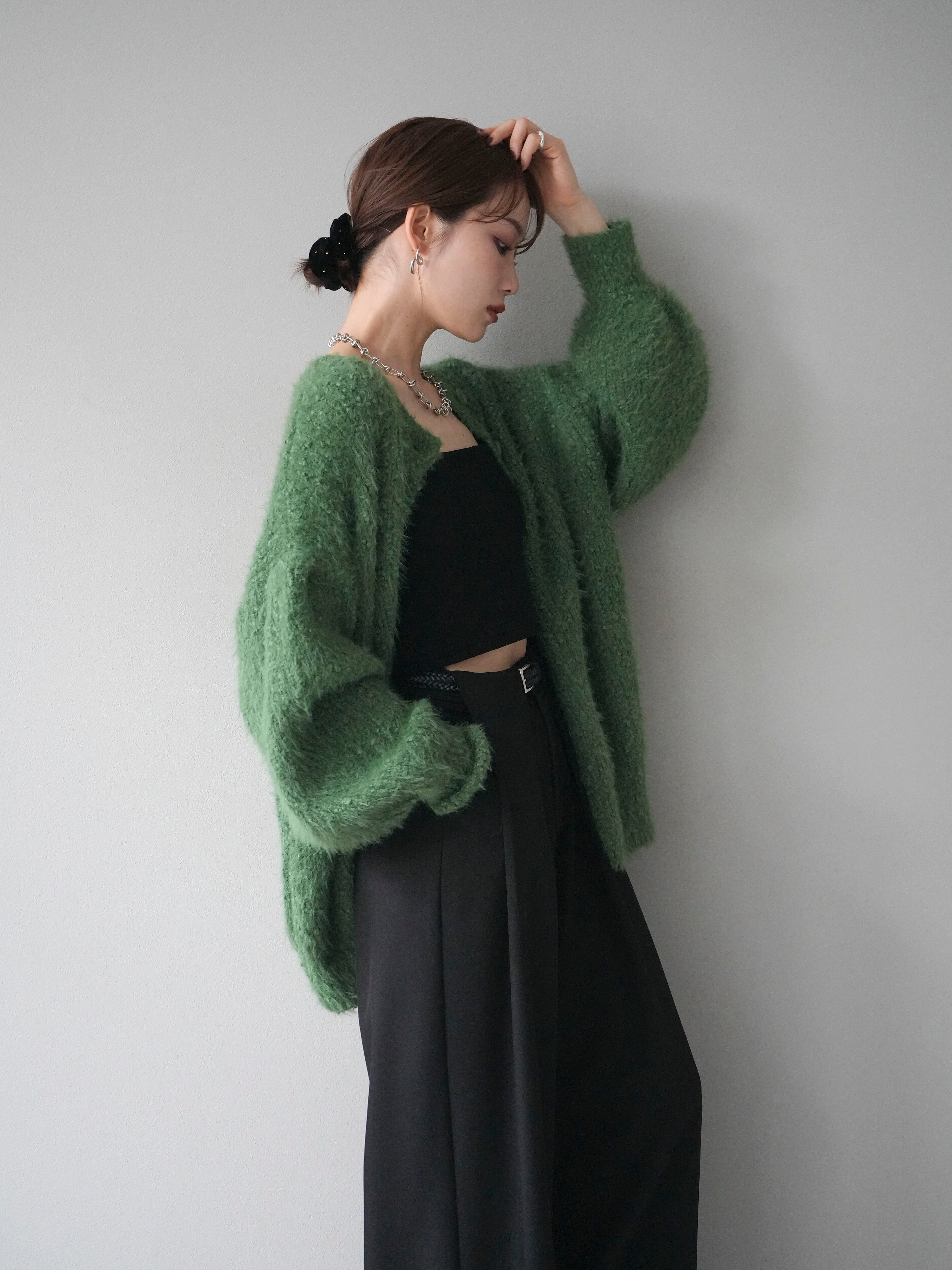 2]クルーネックランダムシャギーカーディガン/グリーン – Lumier
