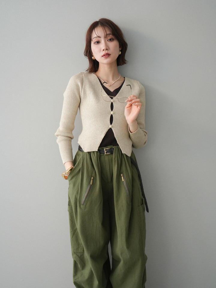 [SET]Vネック配色レイヤードスリットニットトップス+コットンタックループパンツ(2set)