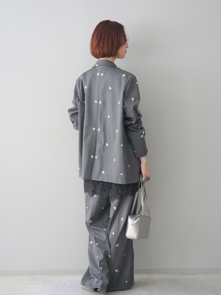 [予約]フラワー刺繍タックパンツ/gray