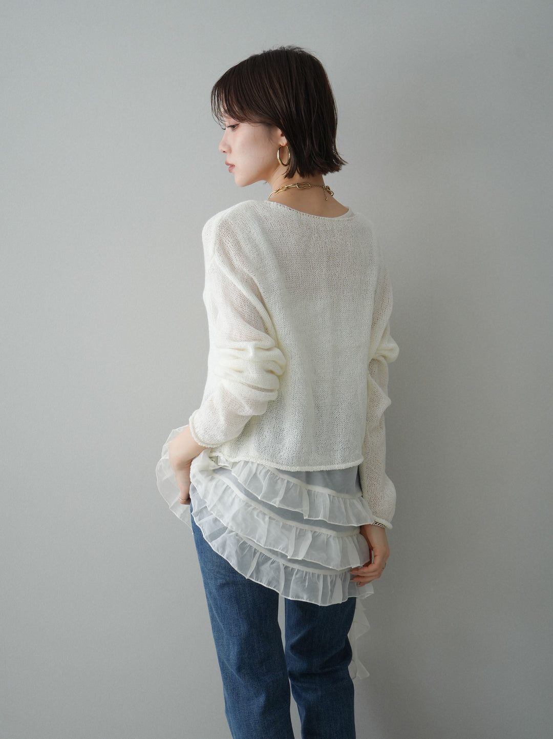 [予約]ラッフルオーガンジータンクトップ＆ニットアンサンブル/white