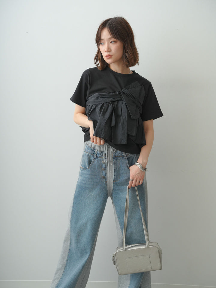 [SET]ナイロンドッキングツイストTEE +デニム切替スウェットパンツ(2set)