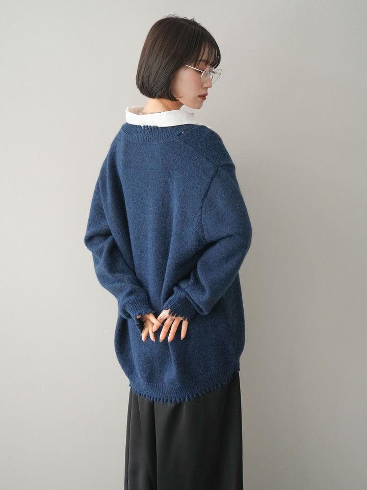 [予約]シャツドッキングVネックフリンジニットプルオーバー/navy