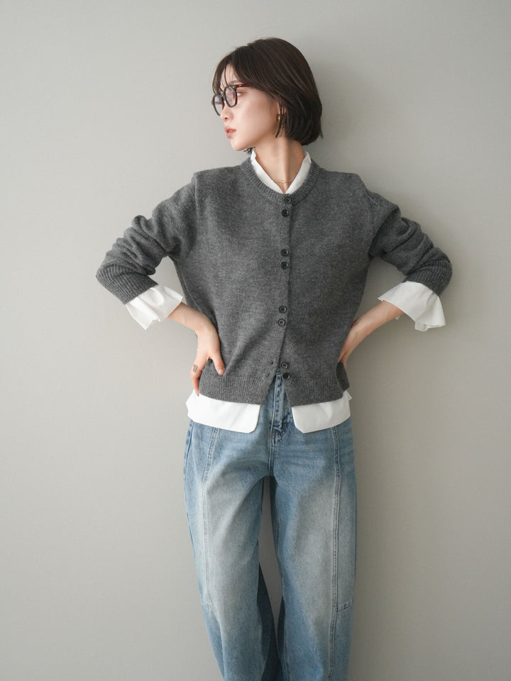 [SET]布帛ドッキングニットカーディガン+ガーメントウォッシュカーブデニムパンツ(2set)