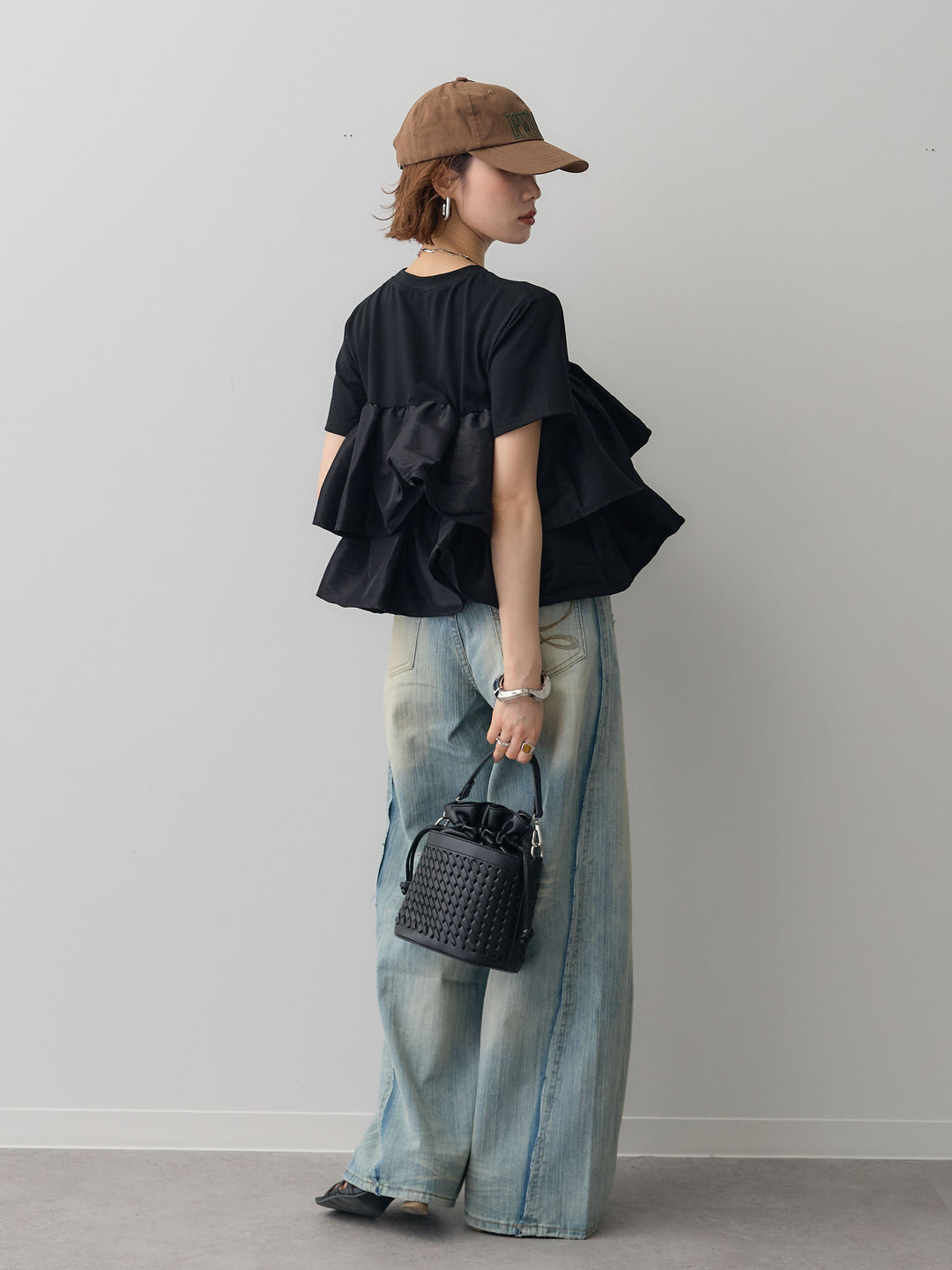 [SET]フリルティアードTEE+縦ウォッシュワイドデニムパンツ(2set)