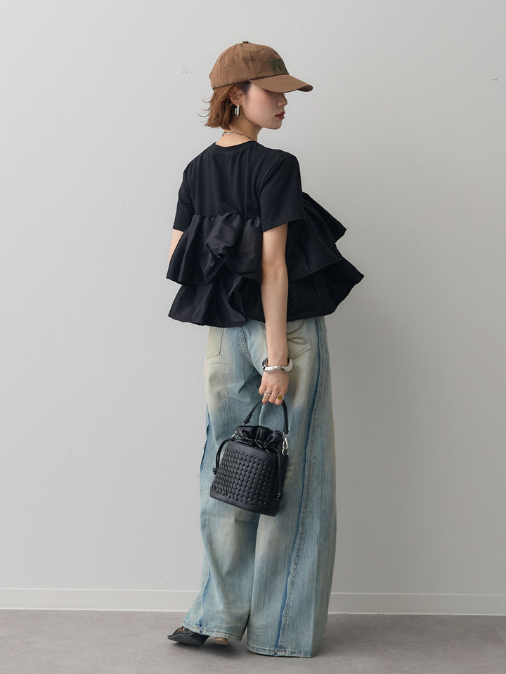 [SET]フリルティアードTEE+縦ウォッシュワイドデニムパンツ(2set)