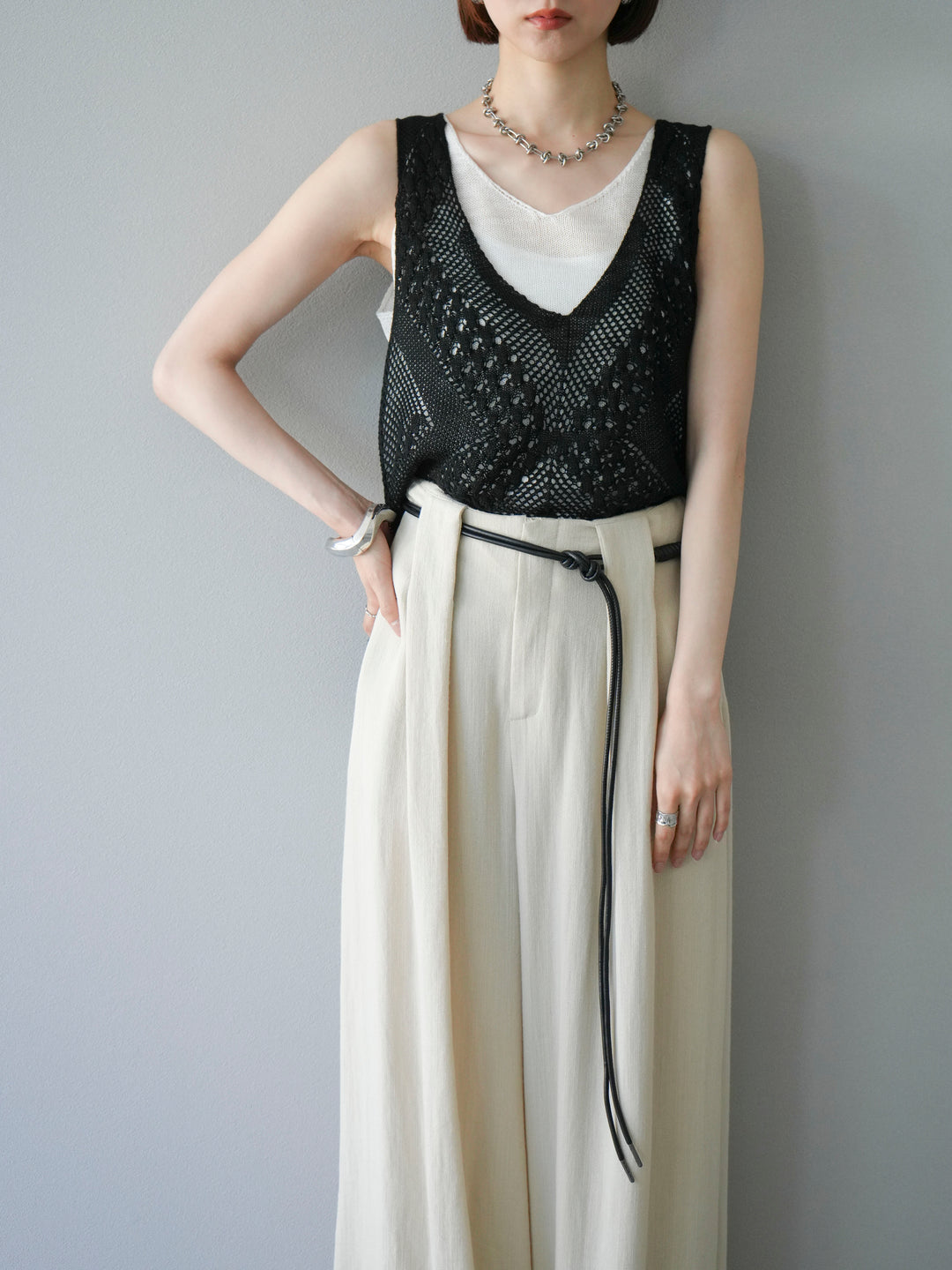 [予約]透かし編みレイヤードニットトップス/ブラック