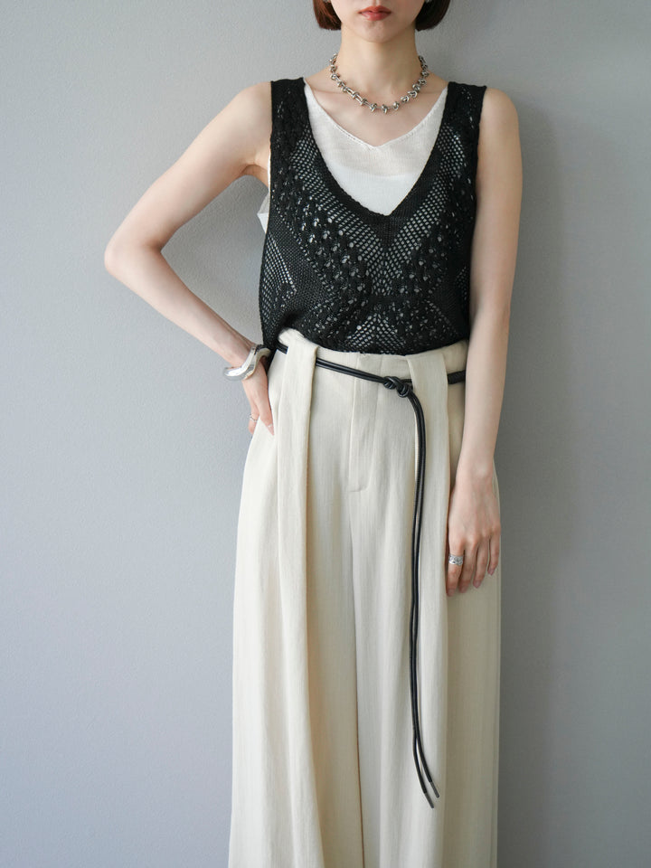 [予約]透かし編みレイヤードニットトップス/ブラック