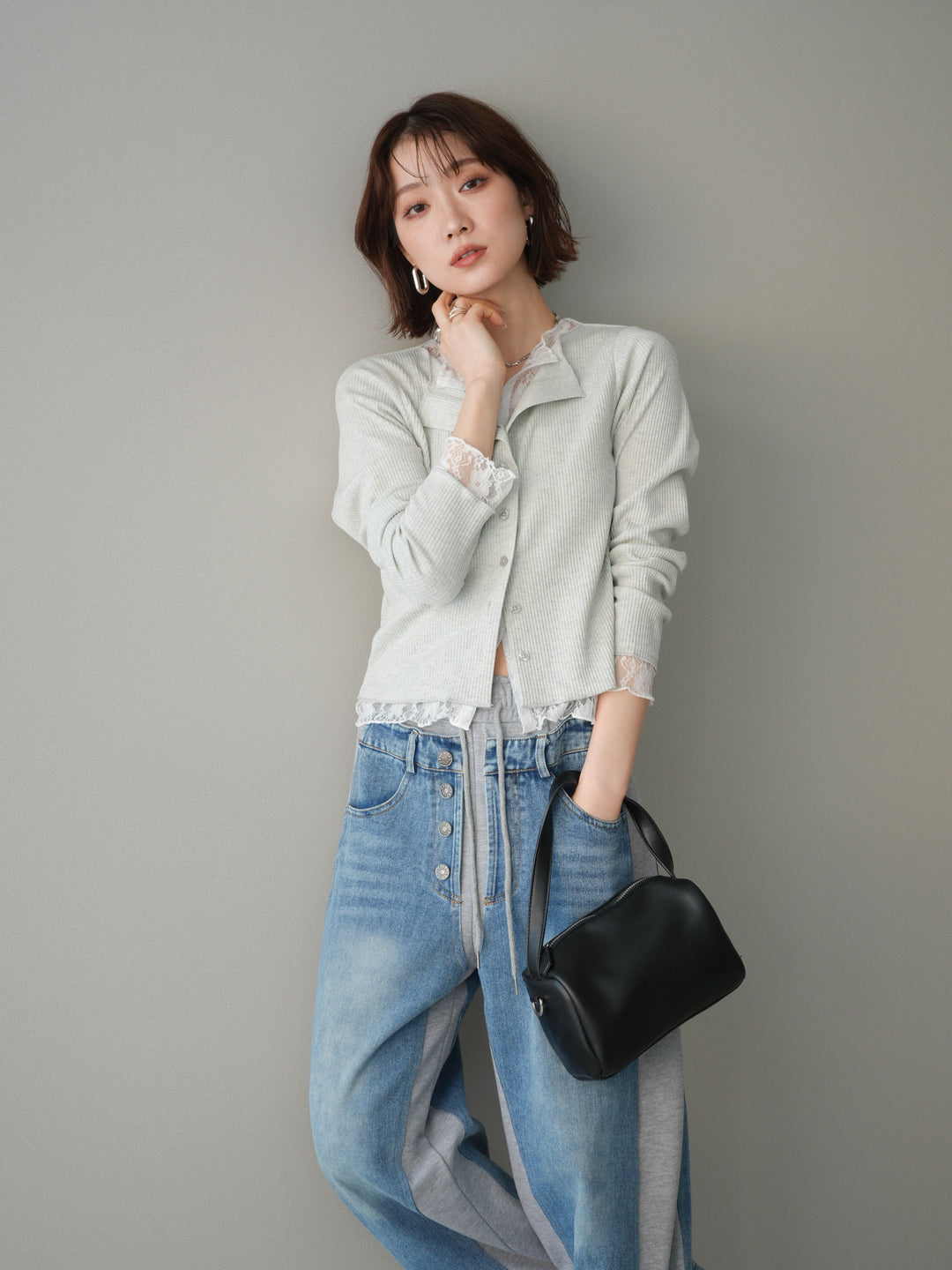 [SET]レースドッキングテレコリブカーディガン+デニム切替スウェットパンツ(2set)