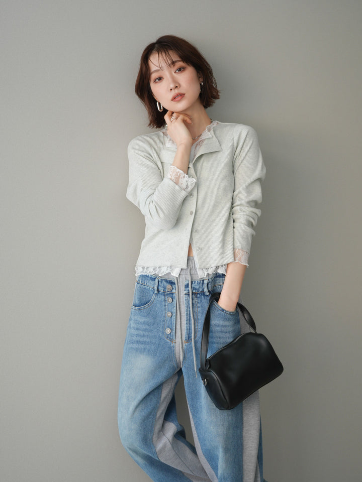 [SET]レースドッキングテレコリブカーディガン+デニム切替スウェットパンツ(2set)