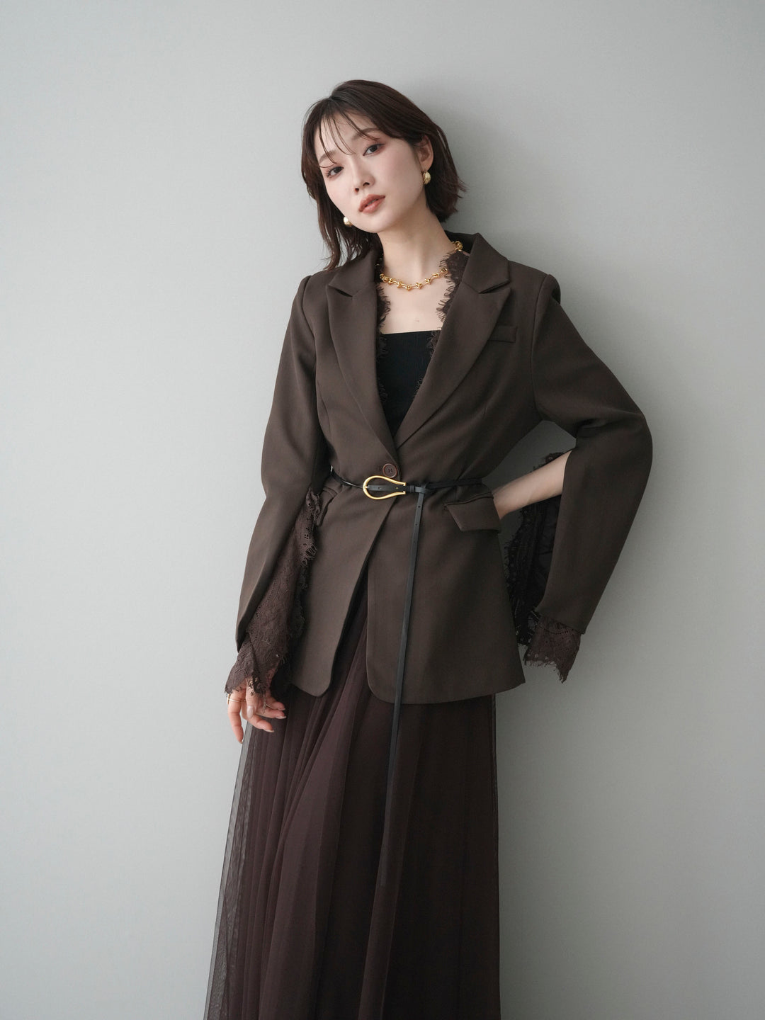 [SET]レースレイヤードスリットジャケット+チュールボリュームスカート(2set)