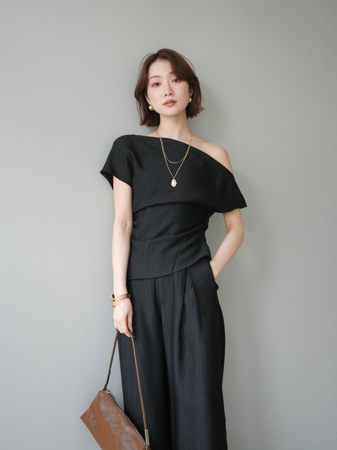 [SET]クレープアシンメトリーギャザートップス+クレープドレープタックパンツ(2set)