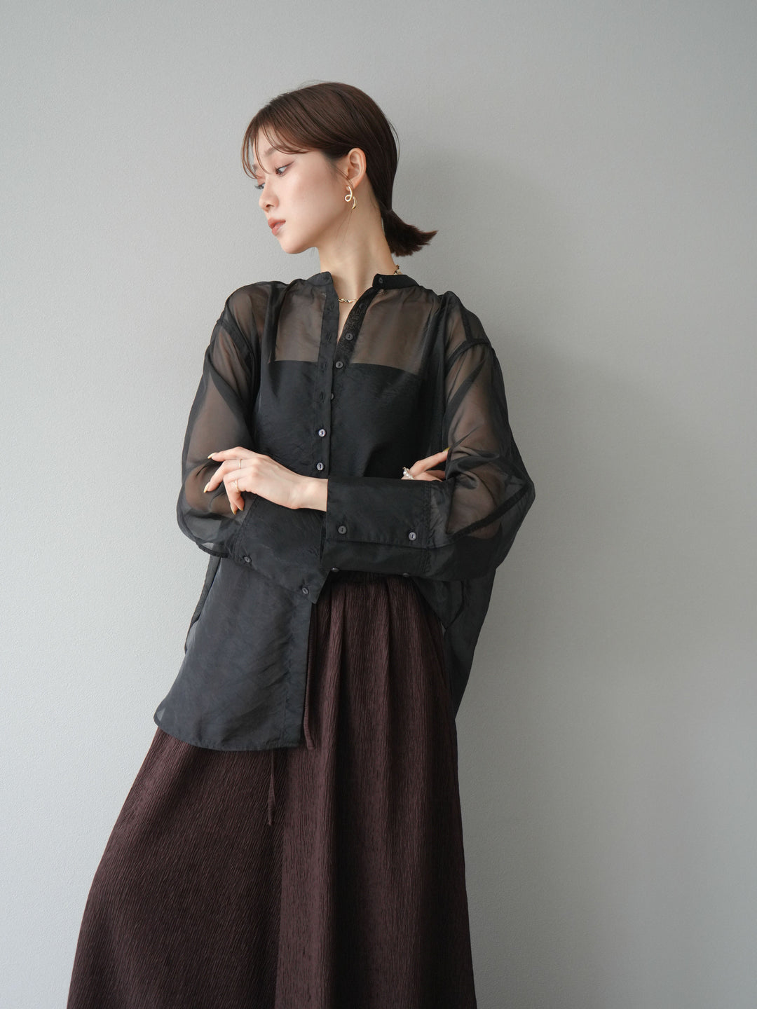 [SET] 亮面透視立領襯衫 + 柳葉寬褲 (2set)