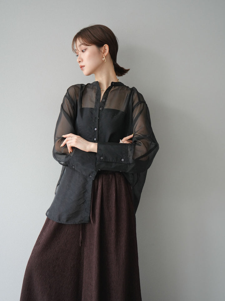 [SET] 亮面透視立領襯衫 + 柳葉寬褲 (2set)