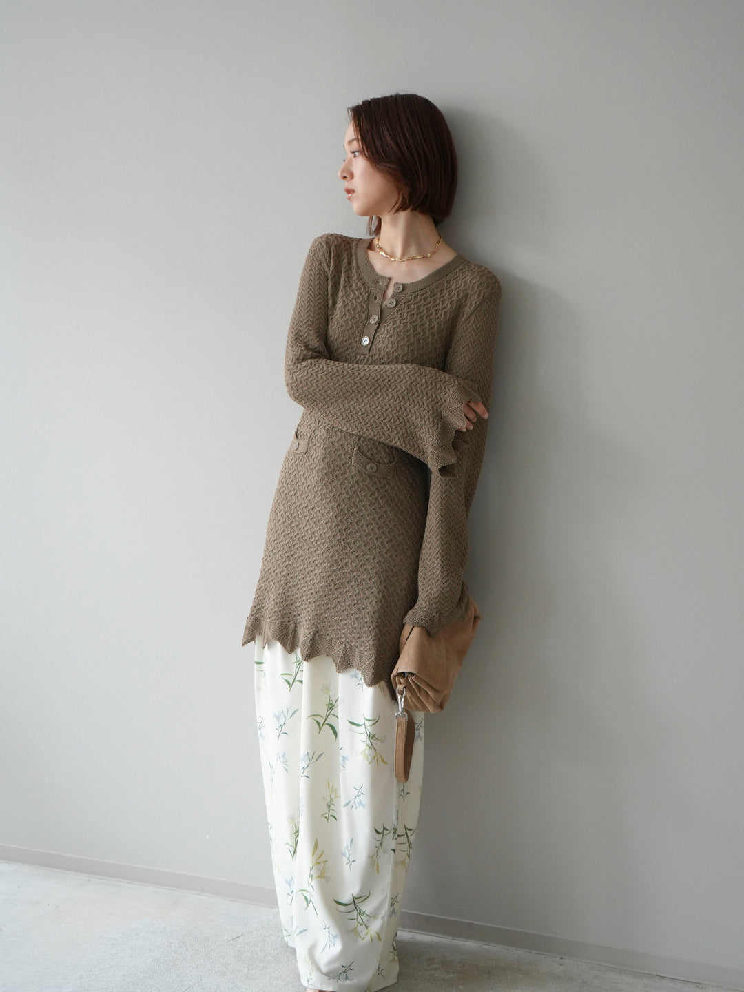 [予約]ヘンリーネックニットチュニック/khaki