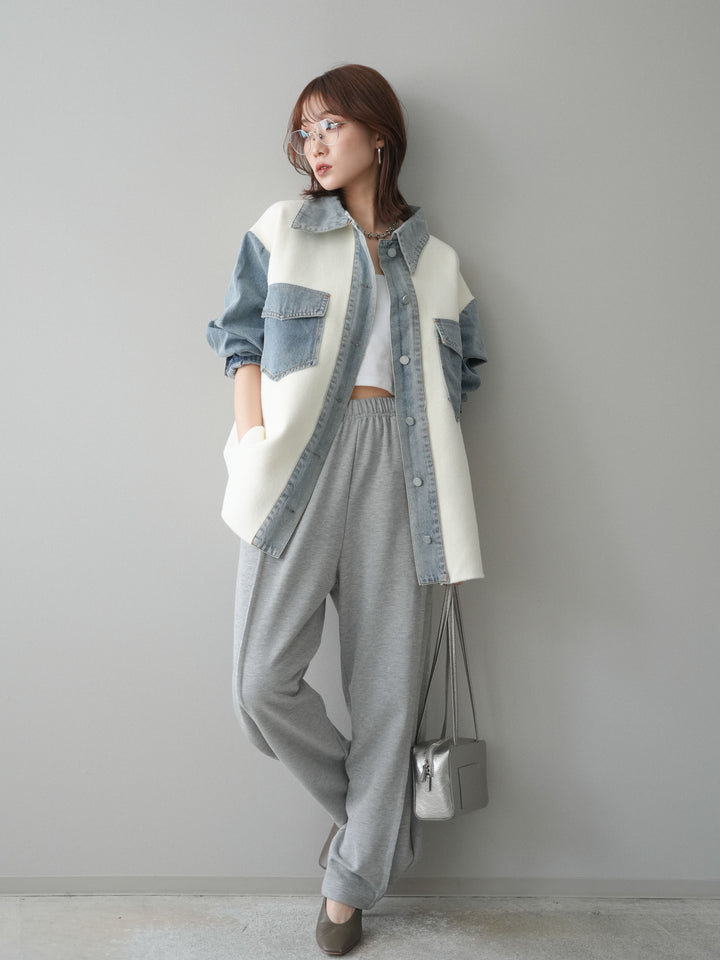 [SET]デニム襟ダブルフェイスニットカーディガン+2WAYデザインスウェットパンツ(2set)