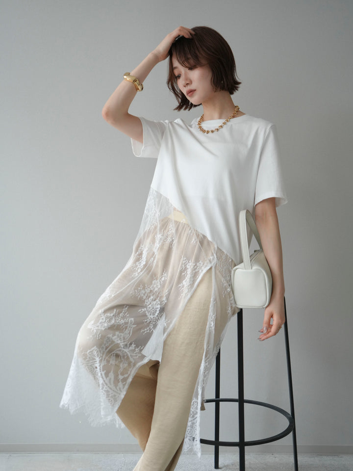 [SET]レースドッキングレイヤードワンピースTEE+とろみサテンイージーパンツ(2set)