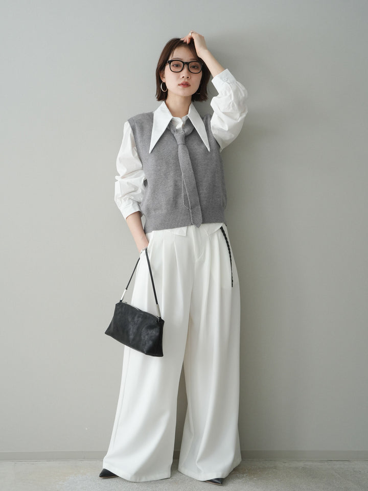 [予約]編み込みベルト付タックワイドパンツ/white