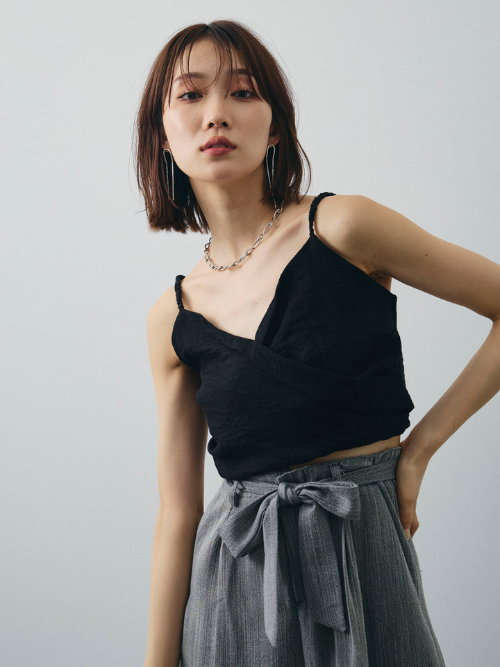 [SET]リネンライクカシュクールデザインビスチェ+リネンライクウエストリボンワイドパンツ(2set)