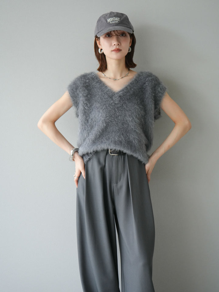 [予約]ラメシャギーVネックニットベスト/グレー